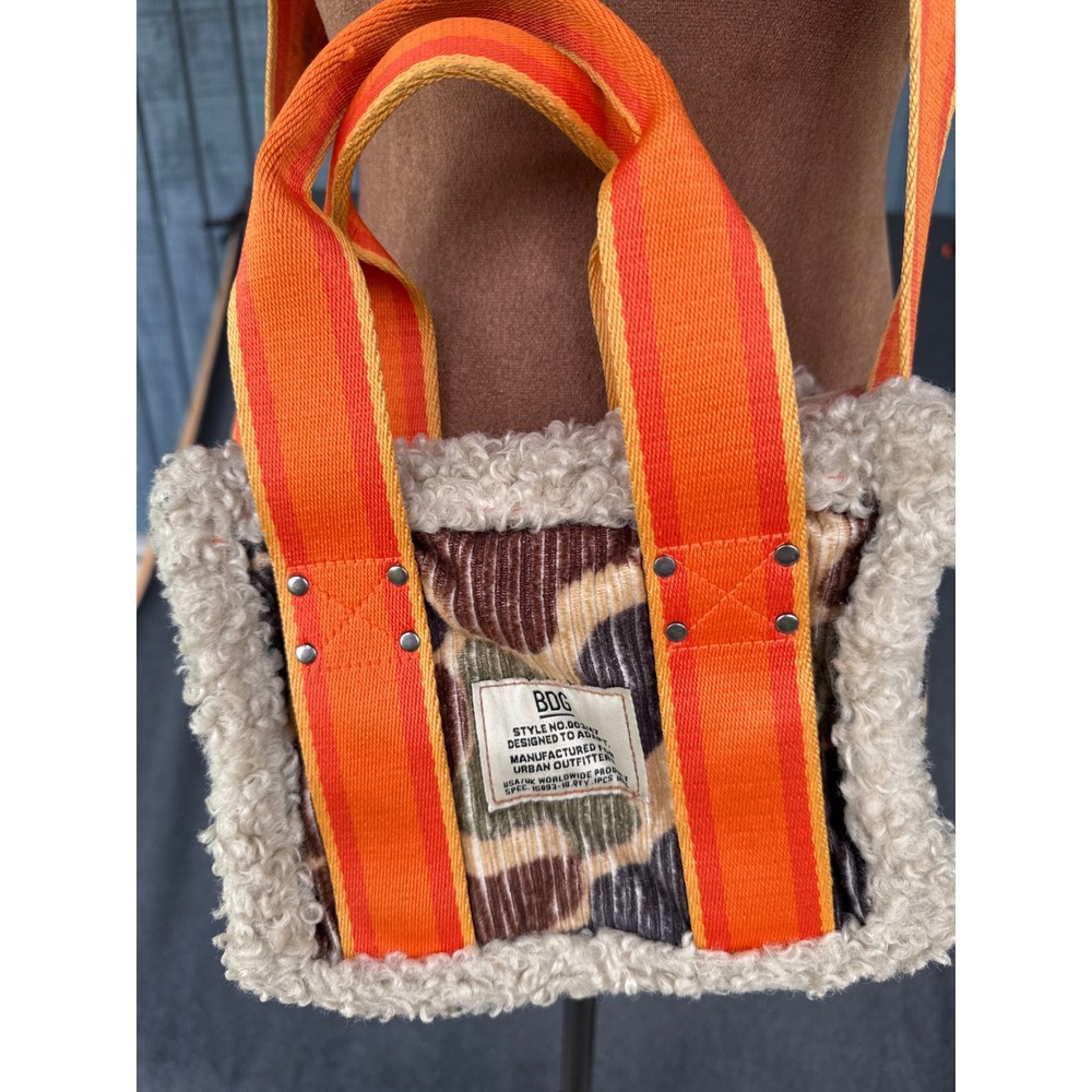 BDG Urban Outfitters Mini Tote Bag Camo Corduroy Sherpa Orange Crossbody Strap